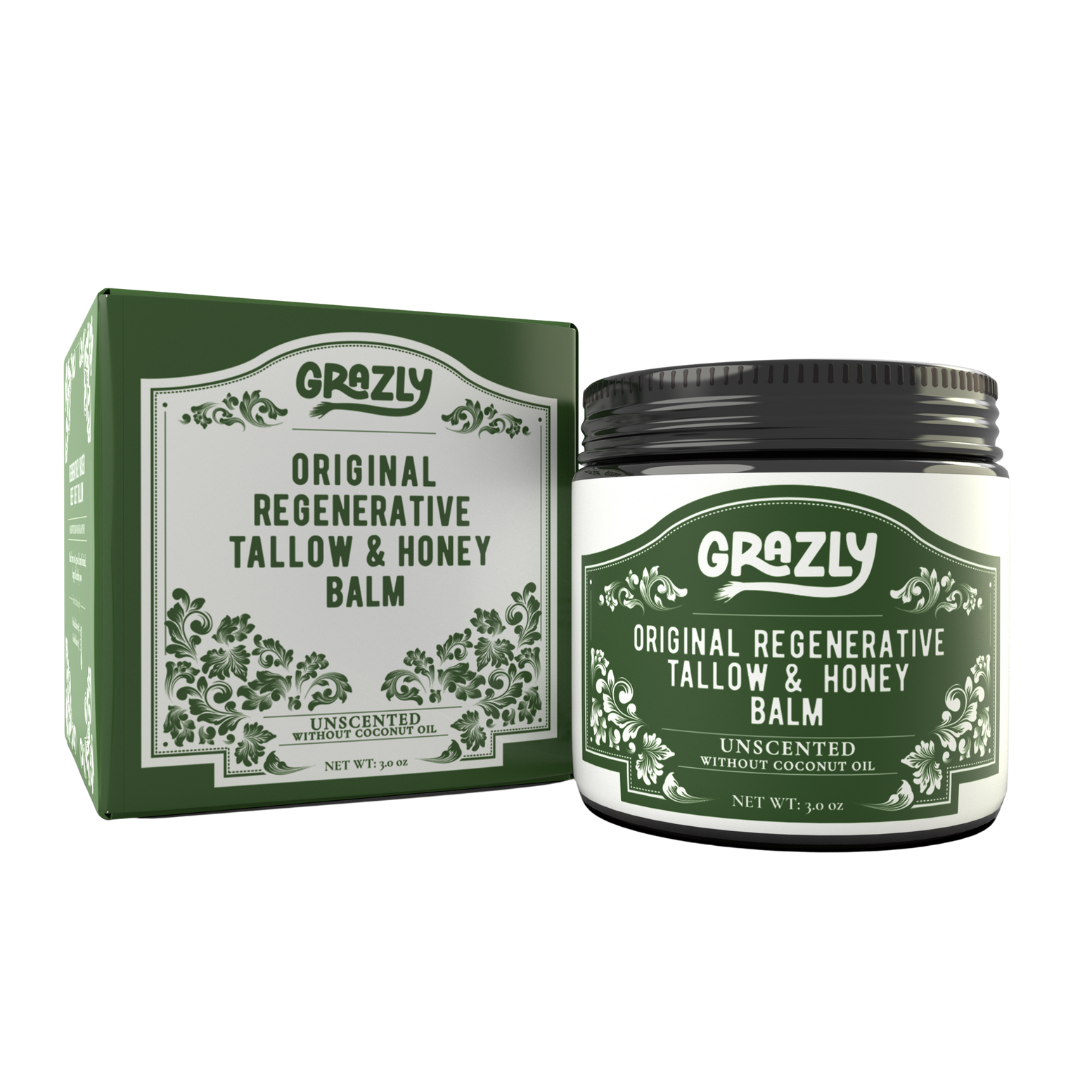 Grazly Original Regenerative Tallow & Honey Balm jar and packaging on a white background