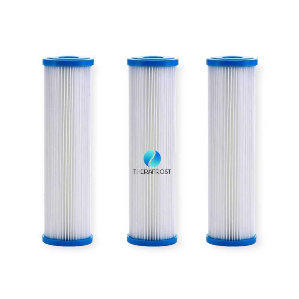 Three cylindrical filter cartridges with blue ends on a white background, featuring the Therafrost logo.