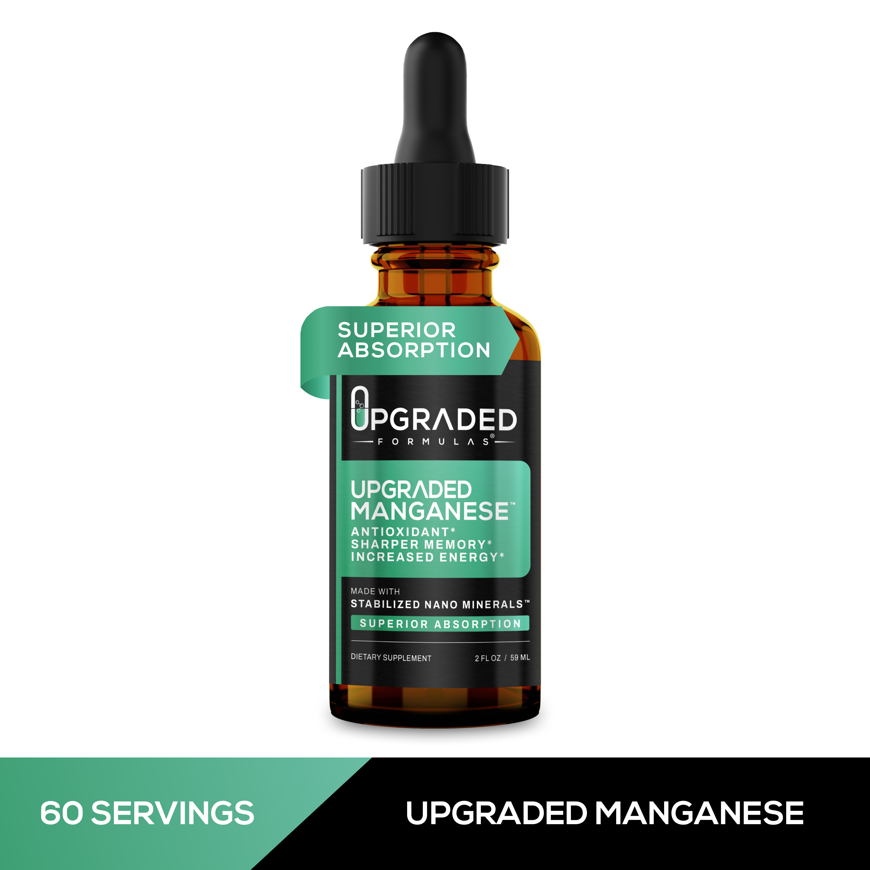 Supplement bottle labeled 'Upgraded Formulas' with dropper on a white background