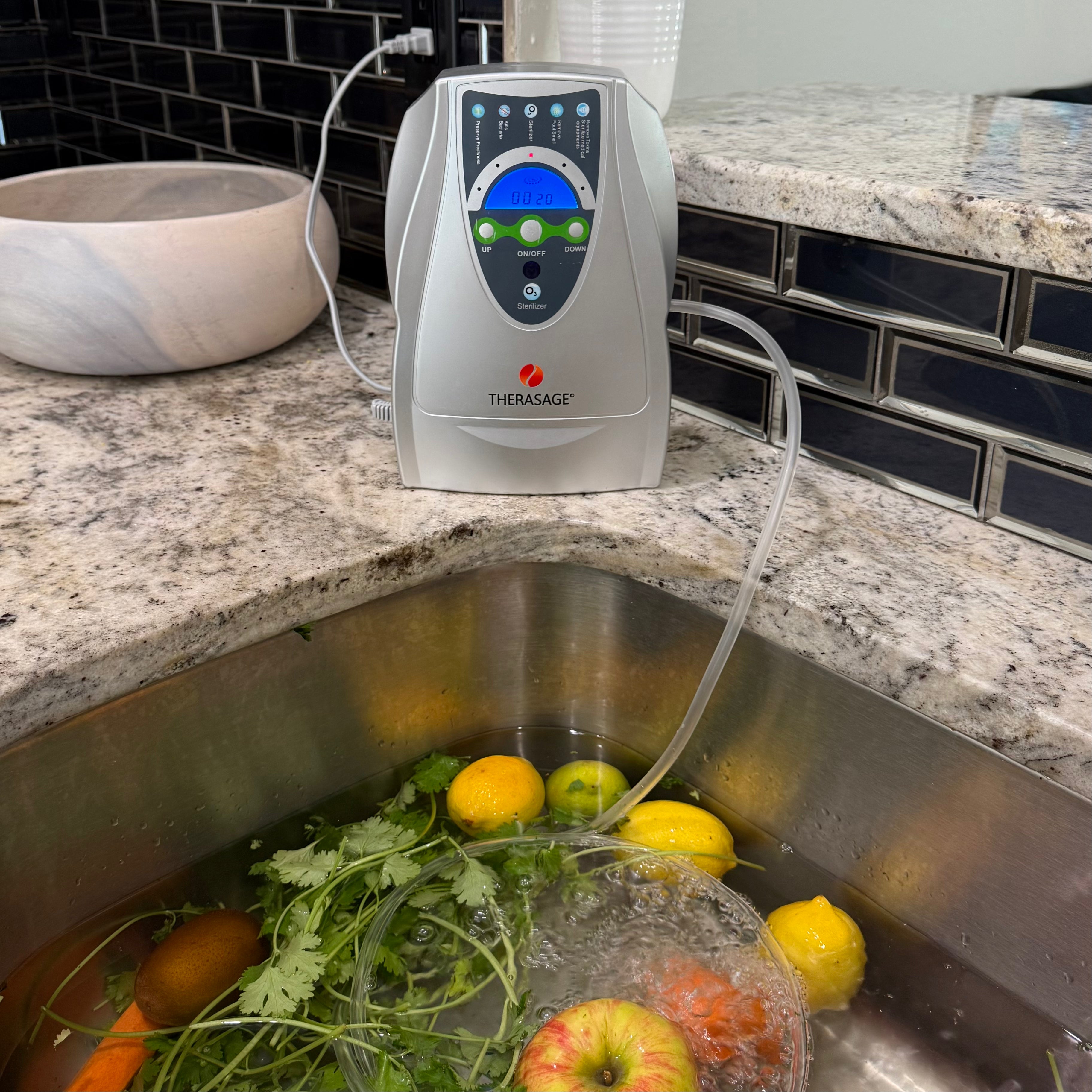 Therasage water ionizer on a kitchen counter with fruits and vegetables in a sink.