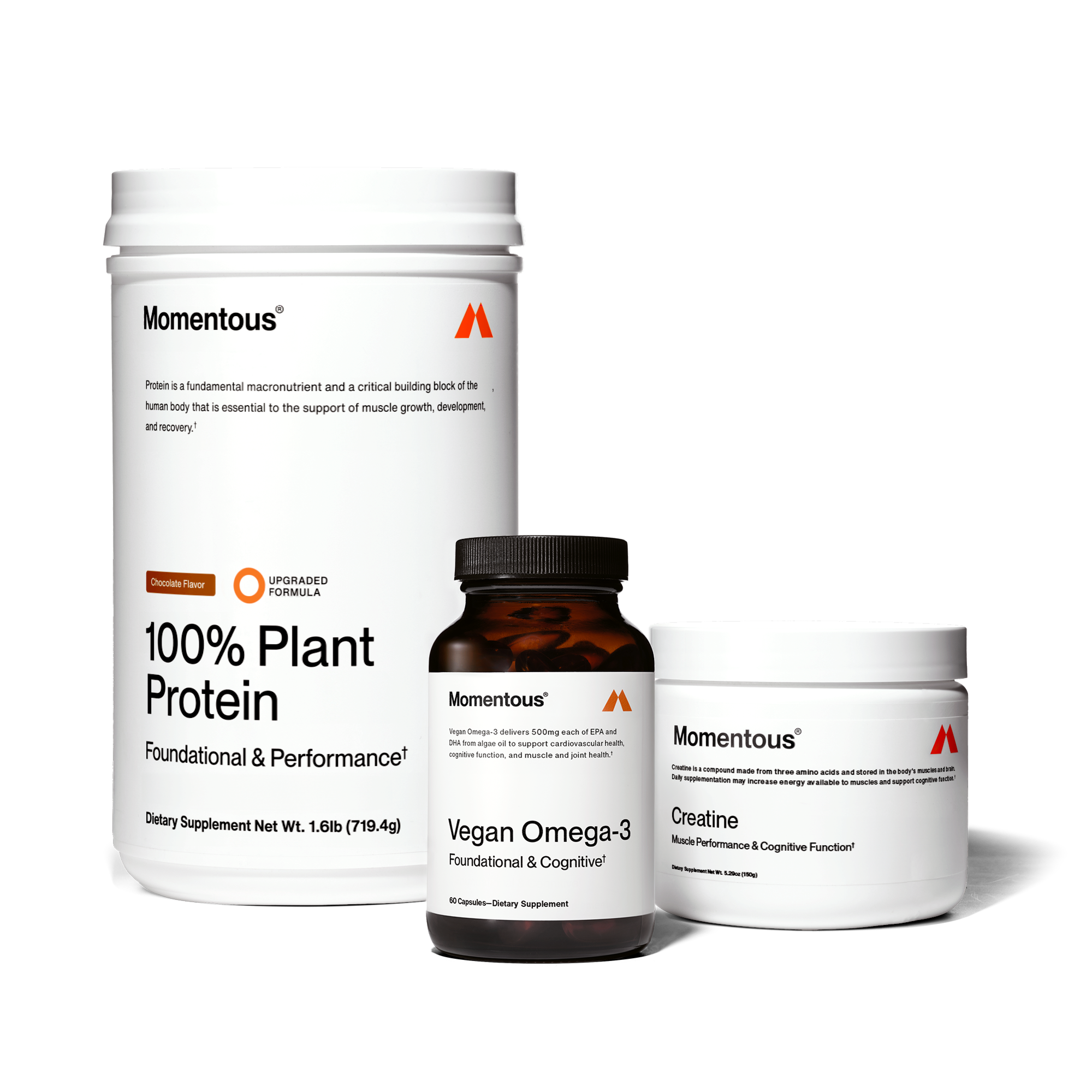 Momentous dietary supplement products including plant protein, omega-3, and creatine on a white background