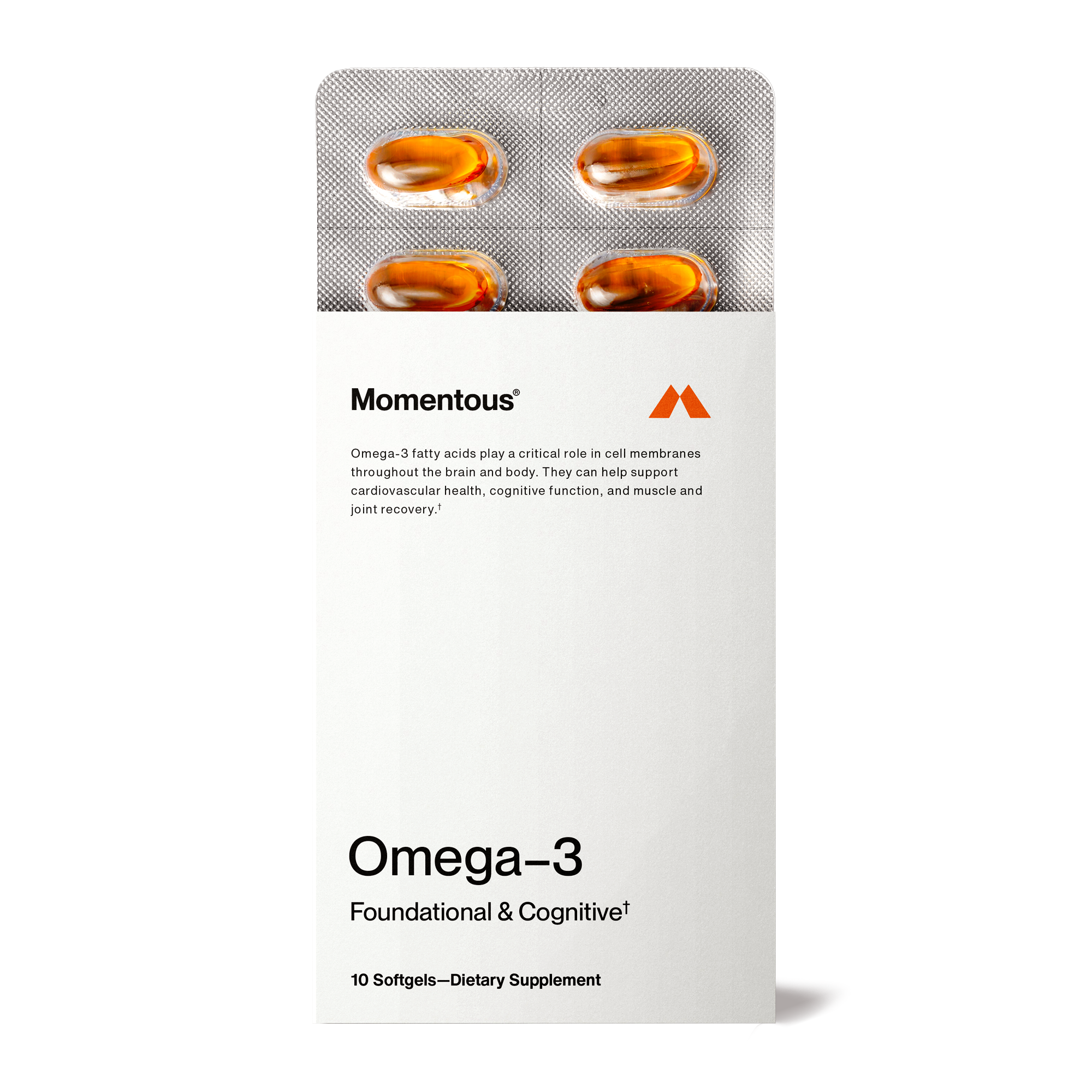 Packaging of Momentous Omega-3 dietary supplements on a white background