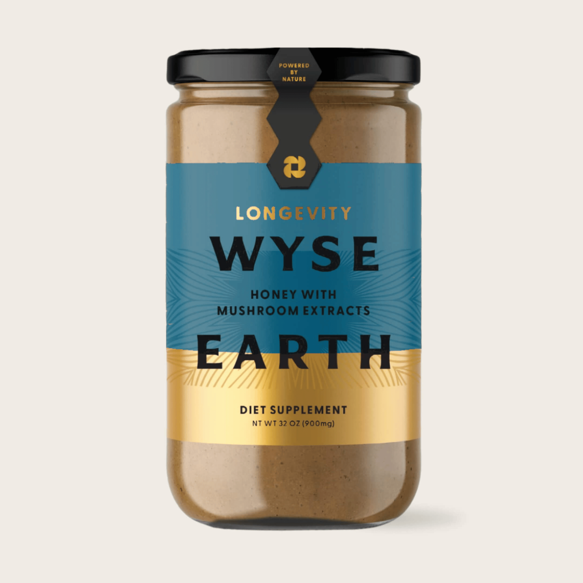 A jar of Wyse Earth Longevity honey with mushroom extracts, labeled as a diet supplement.