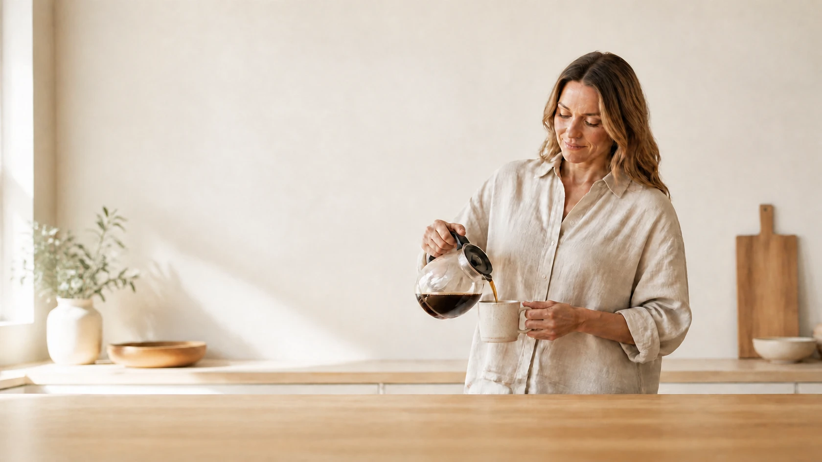 A woman in a linen shirt pouring coffee in a sunlit kitchen