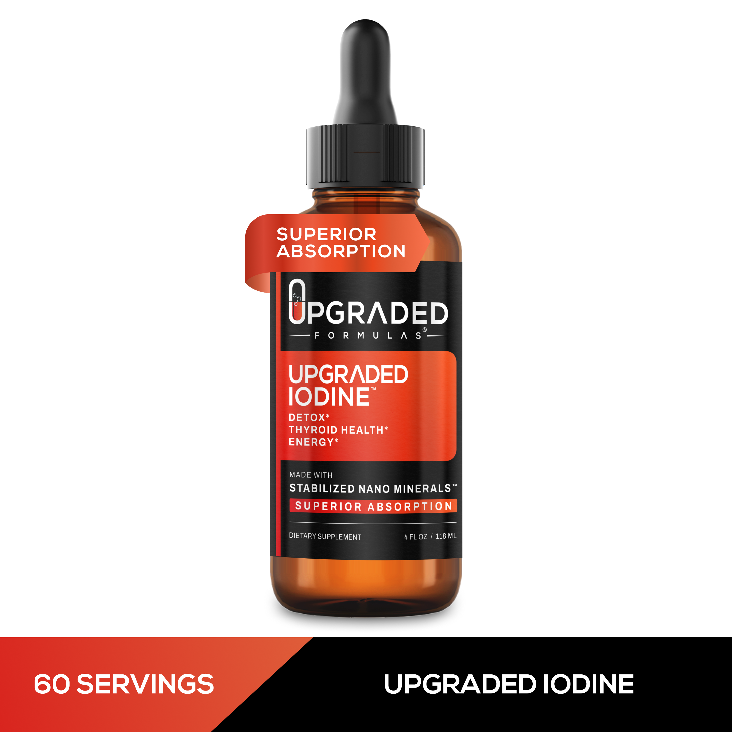 Bottle of Upgraded Formulas Iodine supplement with dropper on a white background