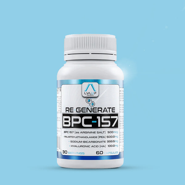 A white container of LVLUP Health Re-Generate BPC-157 supplement with blue and black text detailing the product's contents and benefits.