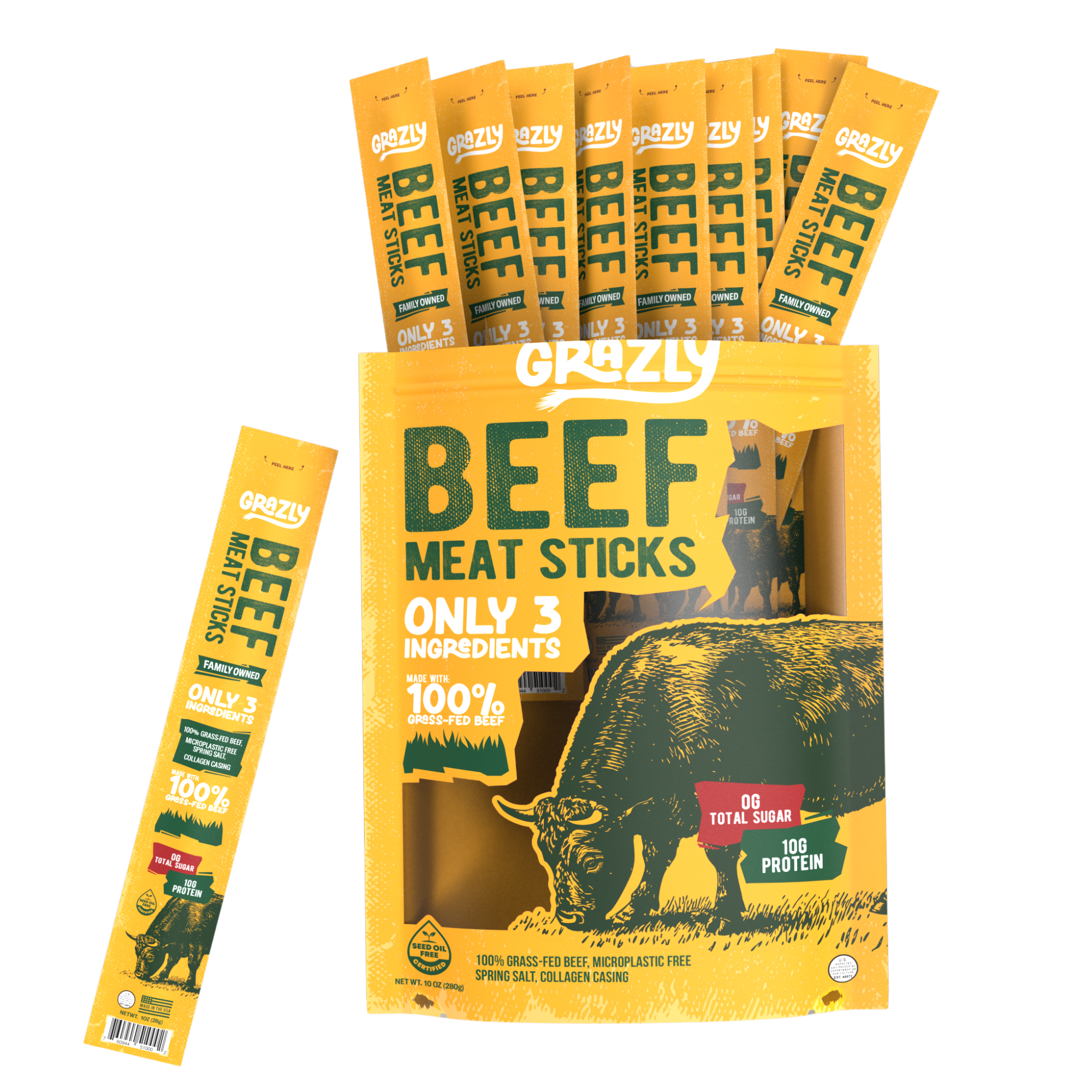 Pack of Grazly beef meat sticks with packaging displaying a bull illustration.