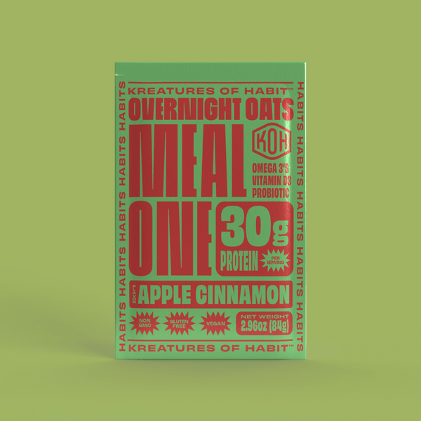 Packaging of Meal One Overnight Oats with apple cinnamon flavor, highlighting 30g of protein and gluten-free content.
