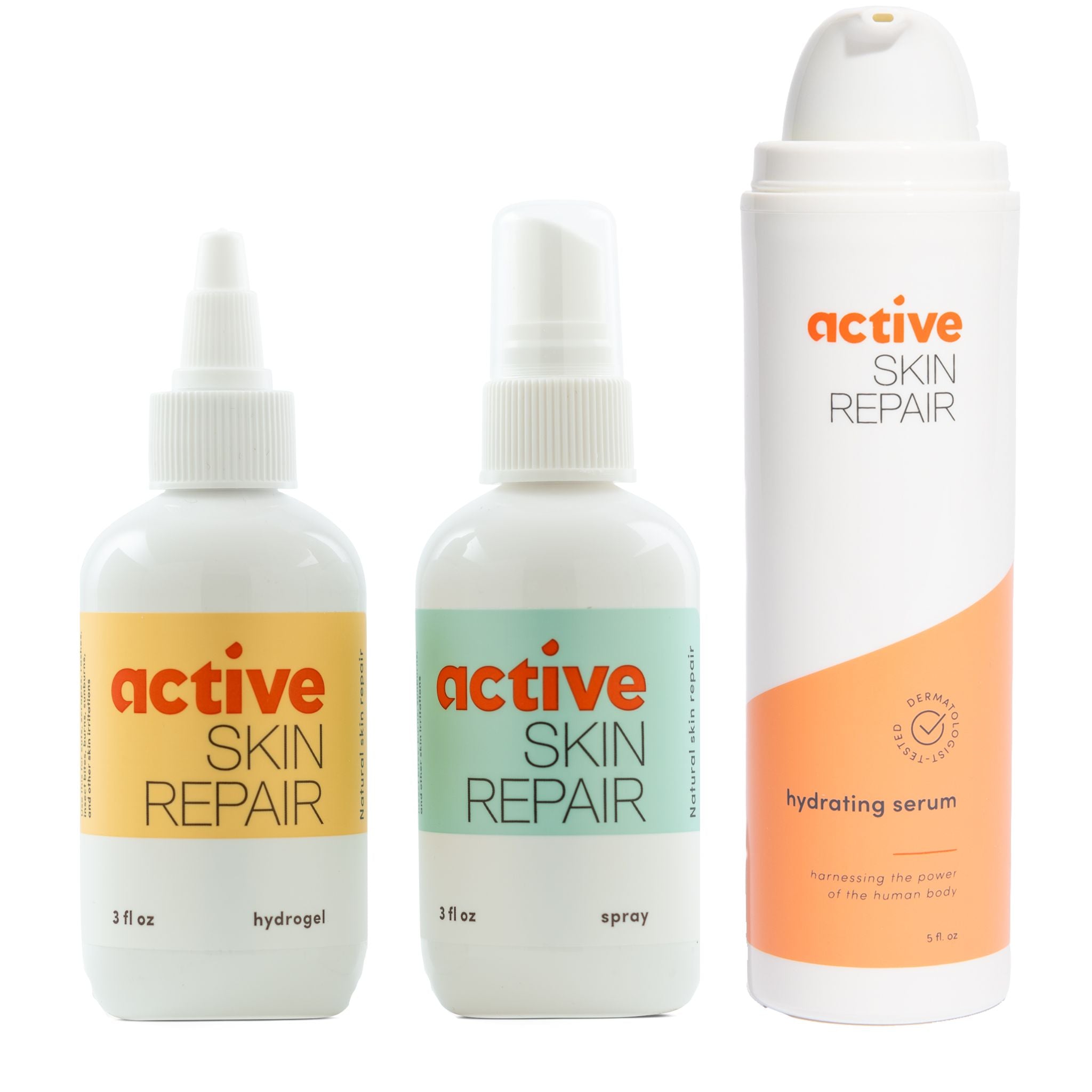 Three bottles of active skin repair products on a white background